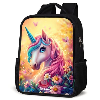 NoBoringSuitcases.com® - Rugzak zwart - Schooltas jongen & meisje - Eenhoorn met kleurrijke bloemen - Rugtas voor school - Boekentas kind - Schoolrugzak - Kinderrugzak