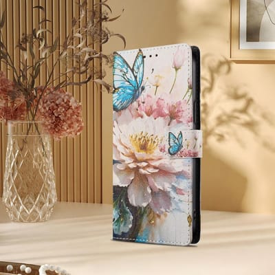 Flip Lederen Hoesje voor iPhone 17 16 15 14 13 12 Pro Max Plus Mini 17 Air Schattige Bloem Vlinder Bedrukte Portemonnee Achterkant Telefoonhoesje iPhone 15 Pro Max