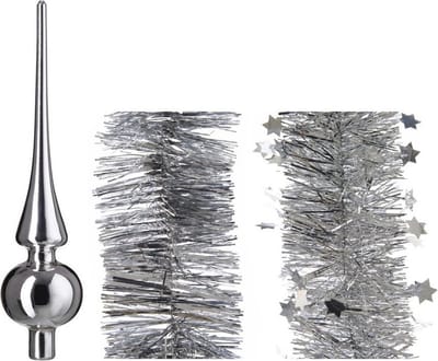 Kerstversiering glazen piek glans 26 cm en folieslingers pakket zilver van 3x stuks - Kerstboomversiering