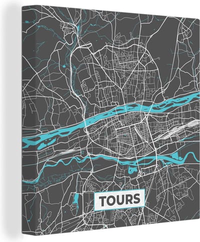 Canvas Schilderij Tours - Kaart - Stadskaart - Plattegrond - Frankrijk - 20x20 cm - Wanddecoratie