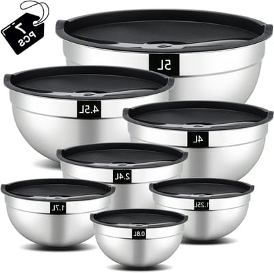 Mixkommen Set van 7 Rvs Met Deksel Stapelbare Mengkommen Vaatwasserbestendig voor Salades en Bereidingen 4.5L tot 0.7L