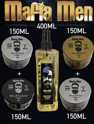 5 Pack- Haarwax Mix Mafia Men 600ml + Mafia Men Aftershave Cologne Wanted 400ml -Wax 6 Privé - wax 8 Exclusief - wax 10 Wanted 600 ml