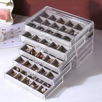 Earring opslagdoos met 3 lades en 45 vakken, sieraden organizer met fluwelen trays voor dames en meisjes in grijs