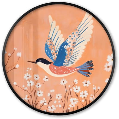 Poster in lijst Rond - Fotolijst 60x60 cm - Posters - Vogel - Bloesemtakken - Warm - Kleurrijk - Ronde posterlijst zwart - Decoratie - Wanddecoratie woonkamer - Muurdecoratie slaapkamer