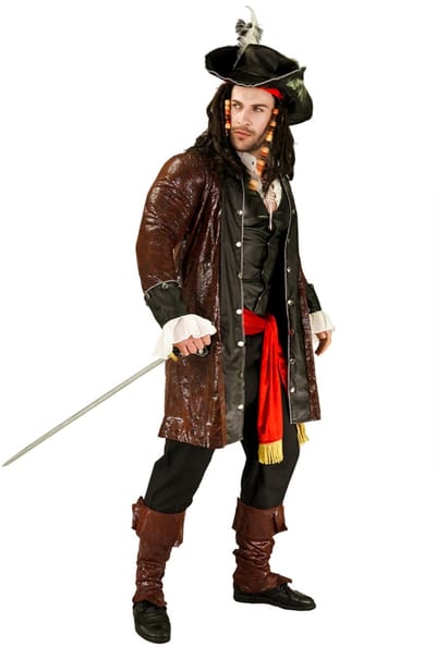 Kostuum Man Donkerbruin Piraat – Maat L – Inclusief Shirt met Gilet, Jas, Broek, Hoed, Riem en Laarzenhoezen – Carnaval & Verkleedkleding
