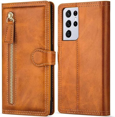 Samsung Galaxy S21 Book case met ritssluiting van LuxeBass - Flipcover - Magnetisch - 5 kaarten houder - Lichtbruin - telefoonhoes - gsm hoes - telefoonhoesjes