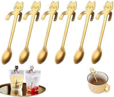 Dailygoods- Koffielepels 6 stuks - Gouden Katvormige Lepels - Roestvrij Staal - Duurzaam - Antislip Grip - Geschikt voor Dranken - Theelepels