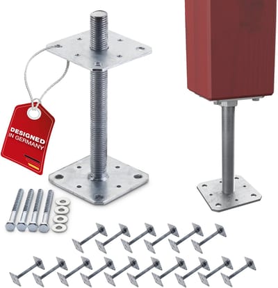 SOTECH set van 16 paaldragers 110 x 110 x 250 mm schroefdraad M24 staal thermisch verzinkt grondplaat in hoogte verstelbare paalhouder om vast te schroeven weerbestendig