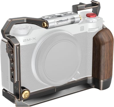 Retro camera cage voor FUJIFILM X-M5 met houten handvat, quick release plaat en accessoires voor stabilisatie en bescherming