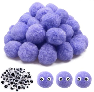 50 Stuks Grote Fluffy Pompoms 40mm Paars met Wobble Ogen voor Creatieve DIY Decoraties en Ambachten