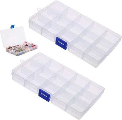 Duurzame Transparante Opbergdoos met Deksel en 15 Compartimenten voor het Sorteren van Schroeven, Parels, Oorbellen en Spoelen - Set van 2 Stuks
