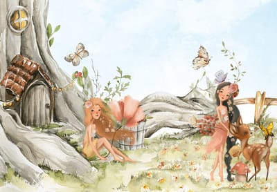 Fotobehang - Bos - Woud - Hert - Vlinders - Bomen - Lucht - Dieren - Vliesbehang- 254x184cm (lxb)
