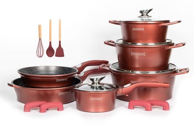 Royalty Line® ES2014 Pannenset Inductie - 17 Delige Pannensets - Pan Met Afneembare Handvaten - Ovenbestendig - PFOA/PTFE Vrij - Pannen Voor Alle Warmtebronnen - Antiaanbaklaag - Bordeaux