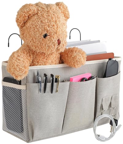 Bedtas, katoen en linnen, bedorganizer om op te hangen, bedtas om op te hangen, voor boeken, mobiele telefoon, speelgoed, verhoogde bedden (grijs)