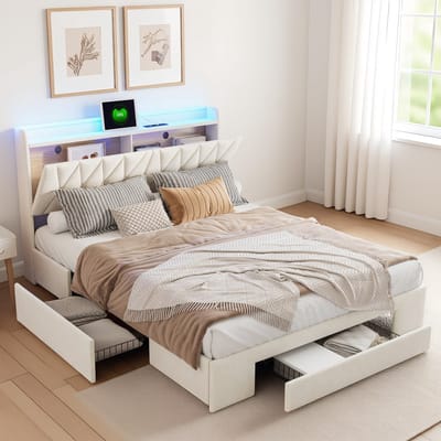 Gestoffeerd bed 160x200 cm met LED-verlichting, USB-oplaadfunctie en opbergruimte – Modern tweepersoonsbed met lades en Lattenbodem – Fluwelen Beige – Zonder matras