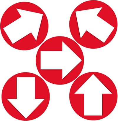 Accent pijl sticker - Pakket van 15x stuks - Rond Dia 15 cm - rood met witte pijl - Richting aanwijzen - Route - Rechts/links