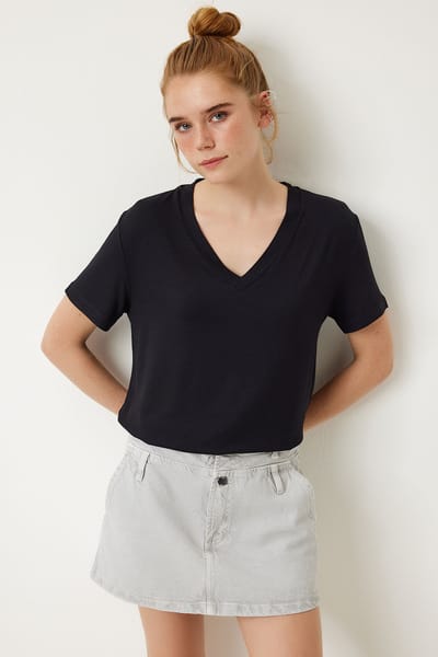 V-hals Korte Mouw Effen T-shirt