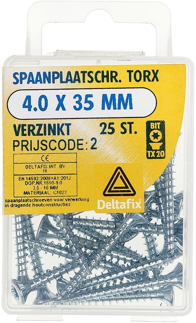 Deltafix spaanplaatschroef 4,0 x 35 mm - verzinkt platkop Torx - 25 stuks