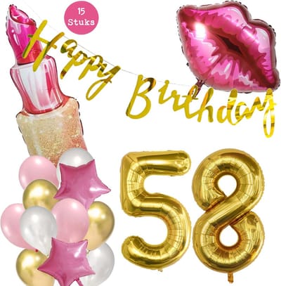 Snoes Beauty Helium Ballonnen Set 58 Jaar - Roze Folieballonnen - Slinger Happy Birthday Goud
