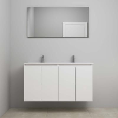 On-Line Badkamermeubelset - 120 cm - Bouwpakket - Greeploos 4 Deuren - Porseleinen Wastafel - 2 Kraangaten - Spiegel - Hoogglans Wit