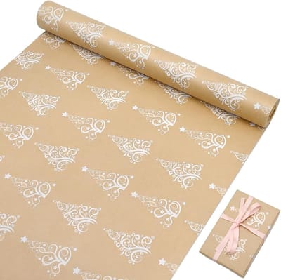 Kerstcadeaupapier rolpakket - 43 cm x 15 m - kraftpapier bedrukt met witte stippen - recyclebaar - cadeaupapier met ster en boom.