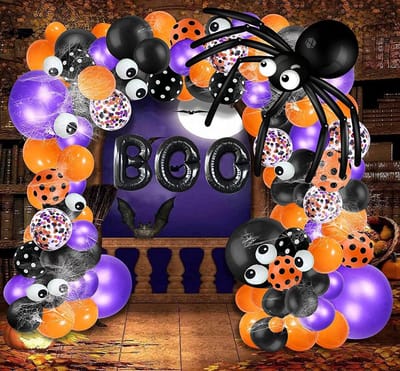 Joya Party® Halloween Ballonnenboog Feestset | 145-delige Versiering Set met Spinnen & ‘BOO’ Folieballonnen | Oranje, Paars, Zwart | Compleet Decoratiepakket voor Halloweenfeest, Trick or Treat & Kinderfeestje