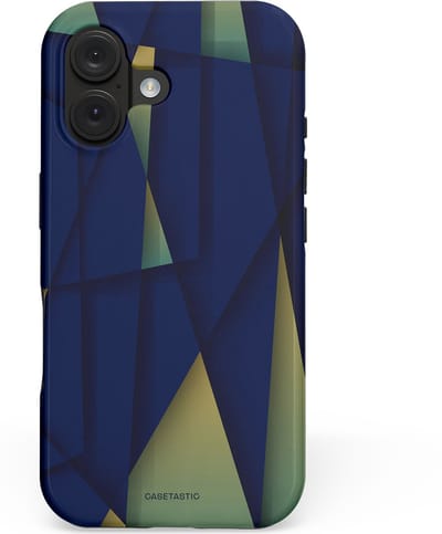 Casetastic hoesje geschikt voor Apple iPhone 16 - MagSafe - Dubbellaagse bescherming - Blauwgroene Driehoeken - Fashion Case - Donkerblauw Saliegroen Donkergrijs