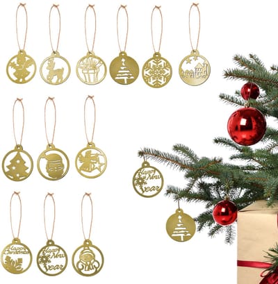 UNUS® Kersthangers rond cadeau engel sneeuwpop 12 stuks set 7 cm goud