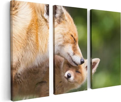 Artaza Canvas Schilderij Drieluik Moeder Vos met haar Welp  - 120x80 - Foto Op Canvas - Canvas Print
