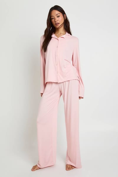 boohoo Dames Pyjamasset voor lange personen: langarmshirt & broek | Baby Roze | Maat: 38