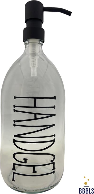 BBBLS® Design Dispenser "Handgel" | Transparant Glas | 1 liter | RVS / Metaal Pomp Zwart | Zeeppomp | Zeepdispenser | Zeephouder