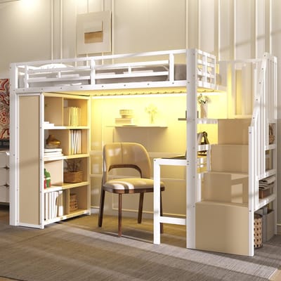 Sweiko Hoogslaper - 90 x 200 cm - Metalen frame - Met bureau - LED-verlichting - Opbergruimte - Wit