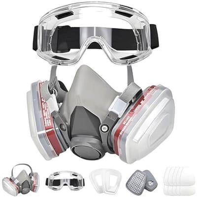 Adembeschermingsmasker voor spuitverf en houtbewerking met transparante bril en 10 reservefilters