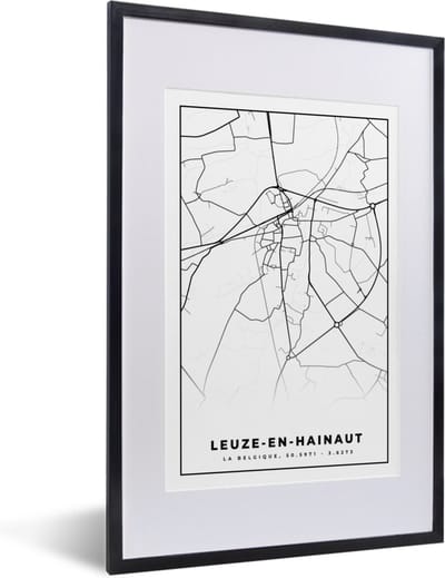 Fotolijst incl. Poster Zwart Wit- België – Leuze en Hainaut – Stadskaart – Kaart – Zwart Wit – Plattegrond - 40x60 cm - Posterlijst