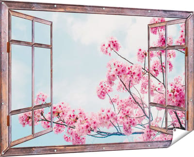 Gards Tuinposter Doorkijk Roze Bloesemboom - Bloemen - 180x120 cm - Tuindoek - Tuindecoratie - Wanddecoratie buiten - Tuinschilderij