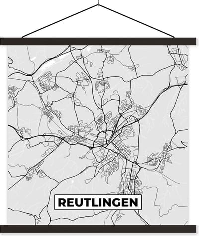 Posterhanger incl. Poster 60x60 cm - Schoolplaat - Kaart - Plattegrond - Stadskaart - Duitsland - Reutlingen - Textielposter - Zwarte latten - Stadskaart