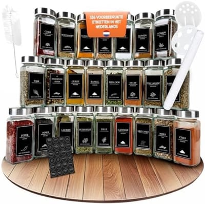 PromoHome Complete Kruidenpotjes Set met Nederlandse Labels - 24 Stuks Vierkante Glazen Potjes, 2 Kruidenmolens, Strooideksels en Organisatie Accessoires - 120ml Inhoud per Potje