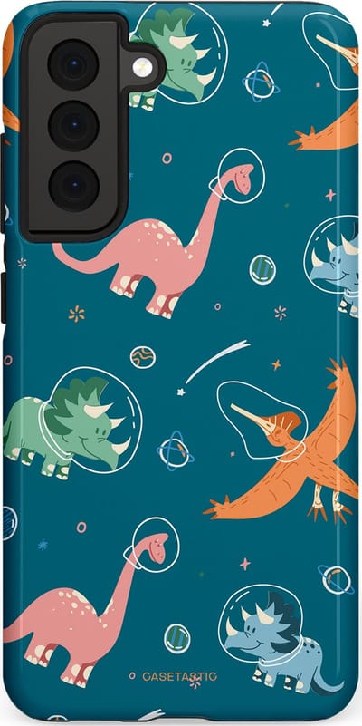 Casetastic hoesje geschikt voor Samsung Galaxy S21 FE 5G - Dubbellaagse bescherming - Ruimte raptors - Fashion Case - Petrol Perzik