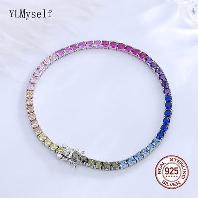 Massief echt 925 zilver 3 mm regenboog zirkoon tennisarmband 15 /16 /17 /18 cm mooie kleurrijke fijne sieradenketting voor vrouwen 18cm gray