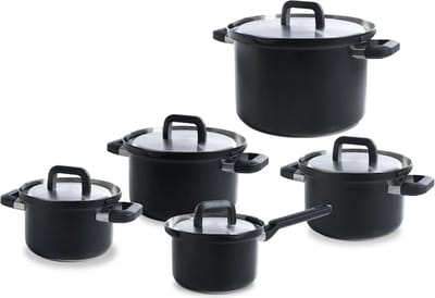 BK Flow Cool Black Pannenset 5-delig - 16/18/20/24cm -Zonder PFAS-vrije antikleeflaag - Pannenset inductie - RVS kookpan - Ovenbestendig tot 160°C - Met deksel - Zilver