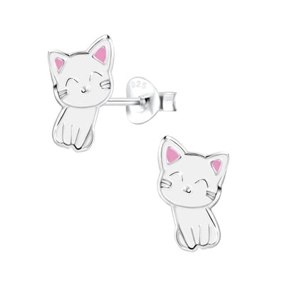 zilveren kinderoorbellen katje wit | Oorknopjes Meisje Zilver | Zilverana | Sterling 925 Silver