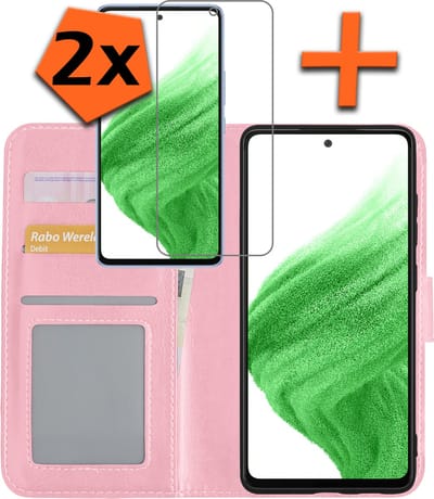 Hoes - Met 2x Screenprotector - Geschikt voor Samsung Galaxy A53 - Luxe Pasjeshouder - Bookcase Portemonee - Flip Case - Kunstleer Book Case - Flipcase Hoes - Book Cover - Walletcase - PortemonneeHoes - Lichtroze