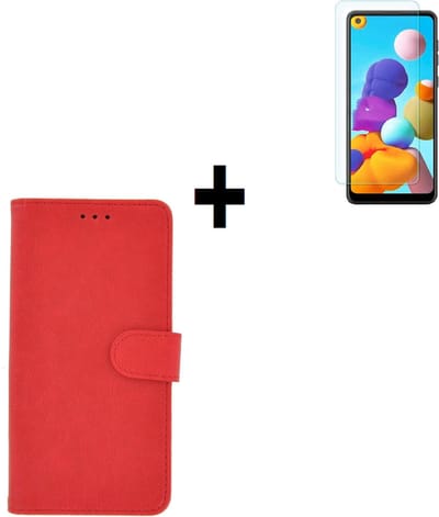 Geschikt voor Samsung Galaxy A21 hoes Effen Wallet Bookcase Hoesje Cover Rood + Tempered Gehard Glas / Glazen screenprotector Pearlycase