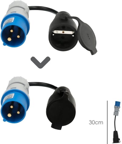 CEE naar Schuko Adapter - Stekker Verloop - Stroom Aansluiten - IP44 Bescherming - 30 cm Kabel - Blauw Zwart