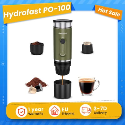 Hydrofast PO-100 draagbare espressomachine, 15 bar druk, 7800 mAh batterij, 2-in-1 capsule & gemalen koffie, draadloze verwarming, compact reisontwerp, 140 W, roestvrij staal van voedingskwaliteit +