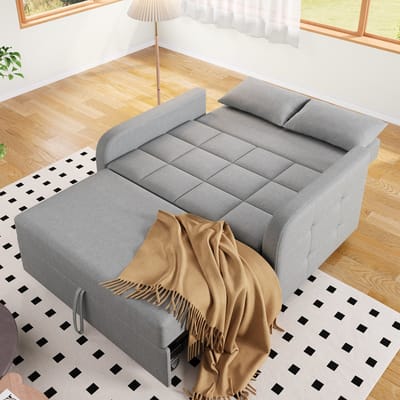 DESMIU Slaapbank 127 x 75 x 94 cm - Verstelbare Rugleuning En Uitklapbaar Bed - Voor Kleine Woning En Logeerkamer - Linnen Grijs