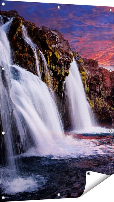 Gards Tuinposter Waterval bij een Berg - 80x120 cm - Tuindoek - Tuindecoratie - Wanddecoratie buiten - Tuinschilderij