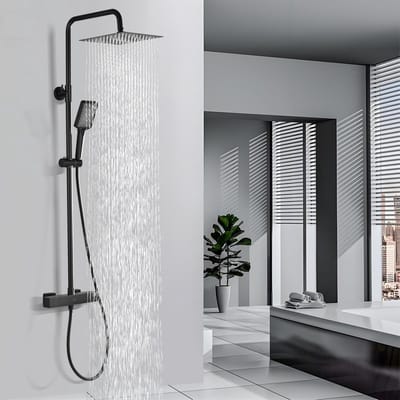Dailygoods- Douchesysteem met Thermostaat - Roestvrij Stalen Douchearmatuur - 25 cm Vierkante Overhead Regendouche - Hoogte Verstelbare Douchestang - 3 Straalsoorten Handdouche - Complete Set - Douchekop