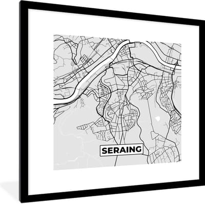 Fotolijst incl. Poster Zwart Wit- Plattegrond – Seraing – Zwart Wit – Stadskaart - Kaart - 40x40 cm - Posterlijst