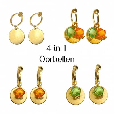 Klem oorbellen- 4 in 1-goudkleurig -groen/oranje- geen gaatje- Charme Bijoux